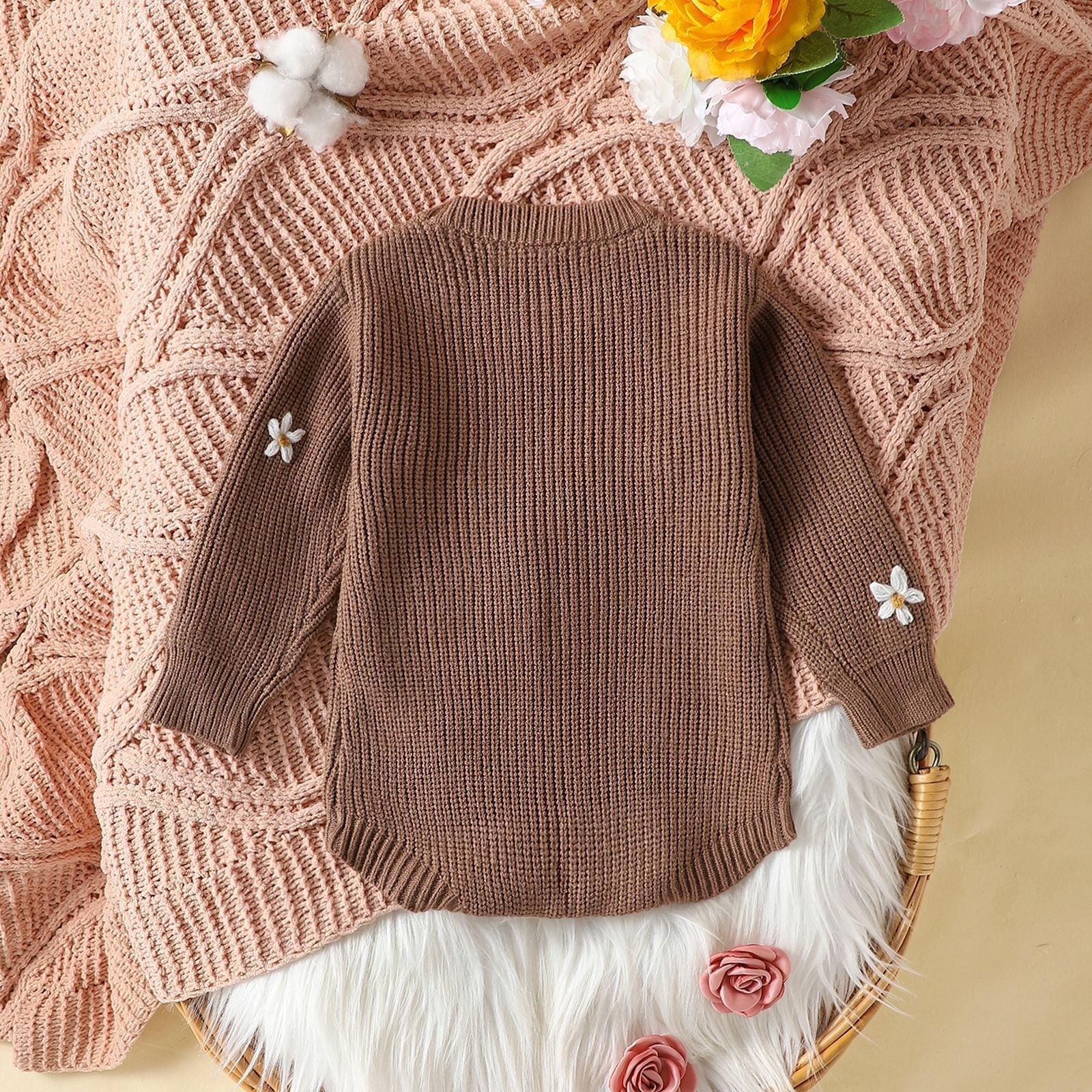 Infant Casual Flower Embroidered Sweater Long Sleeve Jumpsuit - Tiny Trendsetter in Long Sleeve Floral Chic