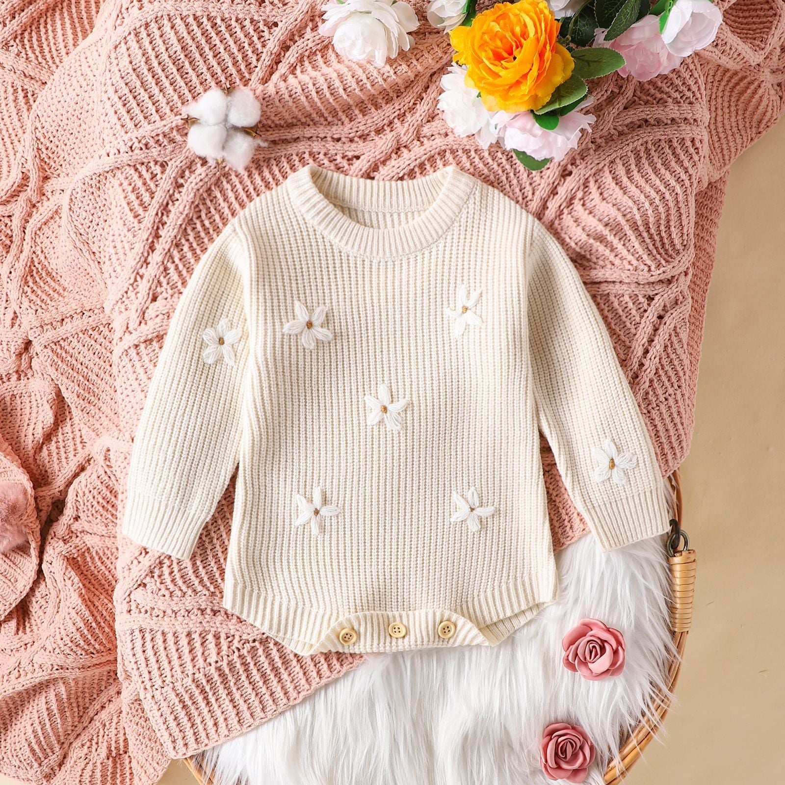 Infant Casual Flower Embroidered Sweater Long Sleeve Jumpsuit - Tiny Trendsetter in Long Sleeve Floral Chic