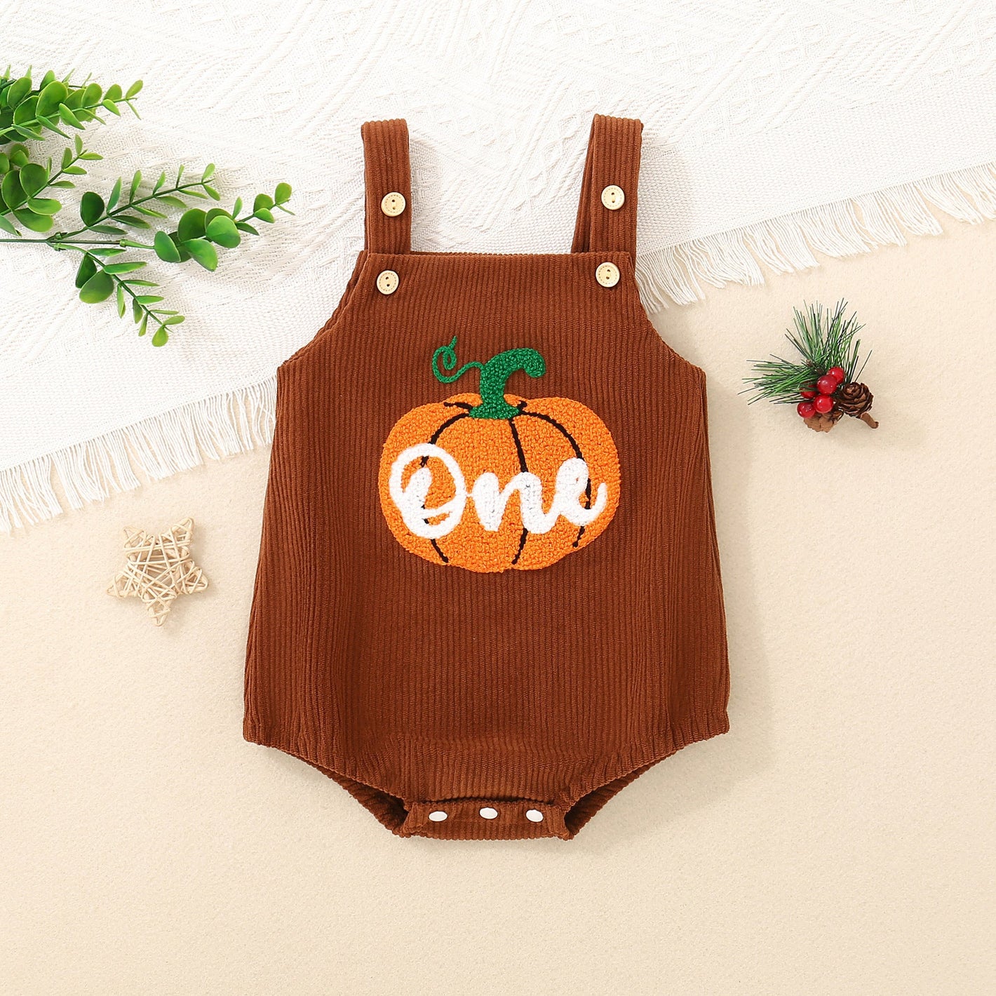 Infant Chilren Waistcoat Corduroy Towel Embroidery Pumpkin Rompers Jumpsuit - Pumpkin Spice and Everything Nice Romper