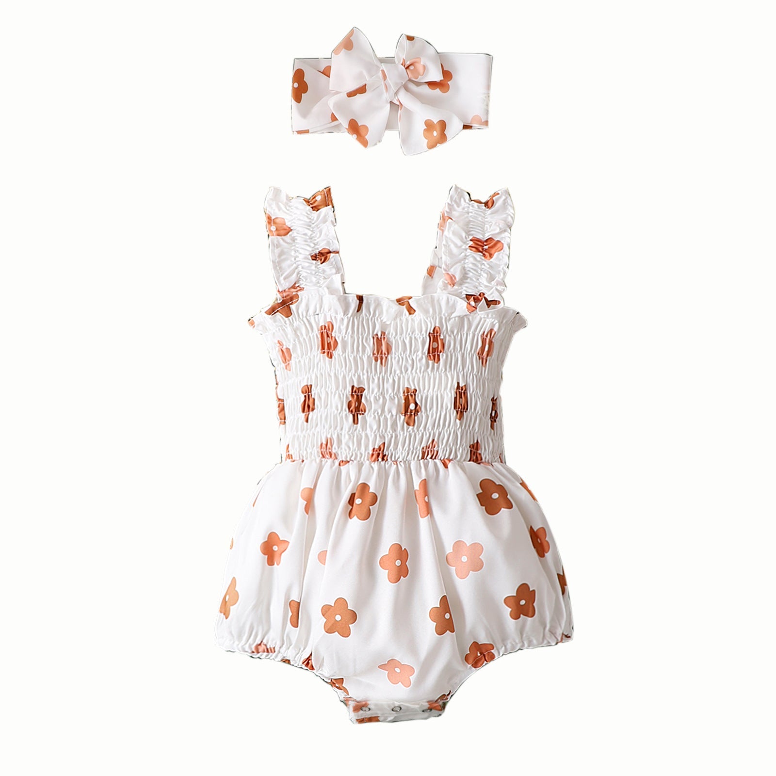 Infant Spaghetti Straps Sleeveless Little Cuihua Full Printed Triangle Rompers Headband Baby Girl - Spaghetti Straps