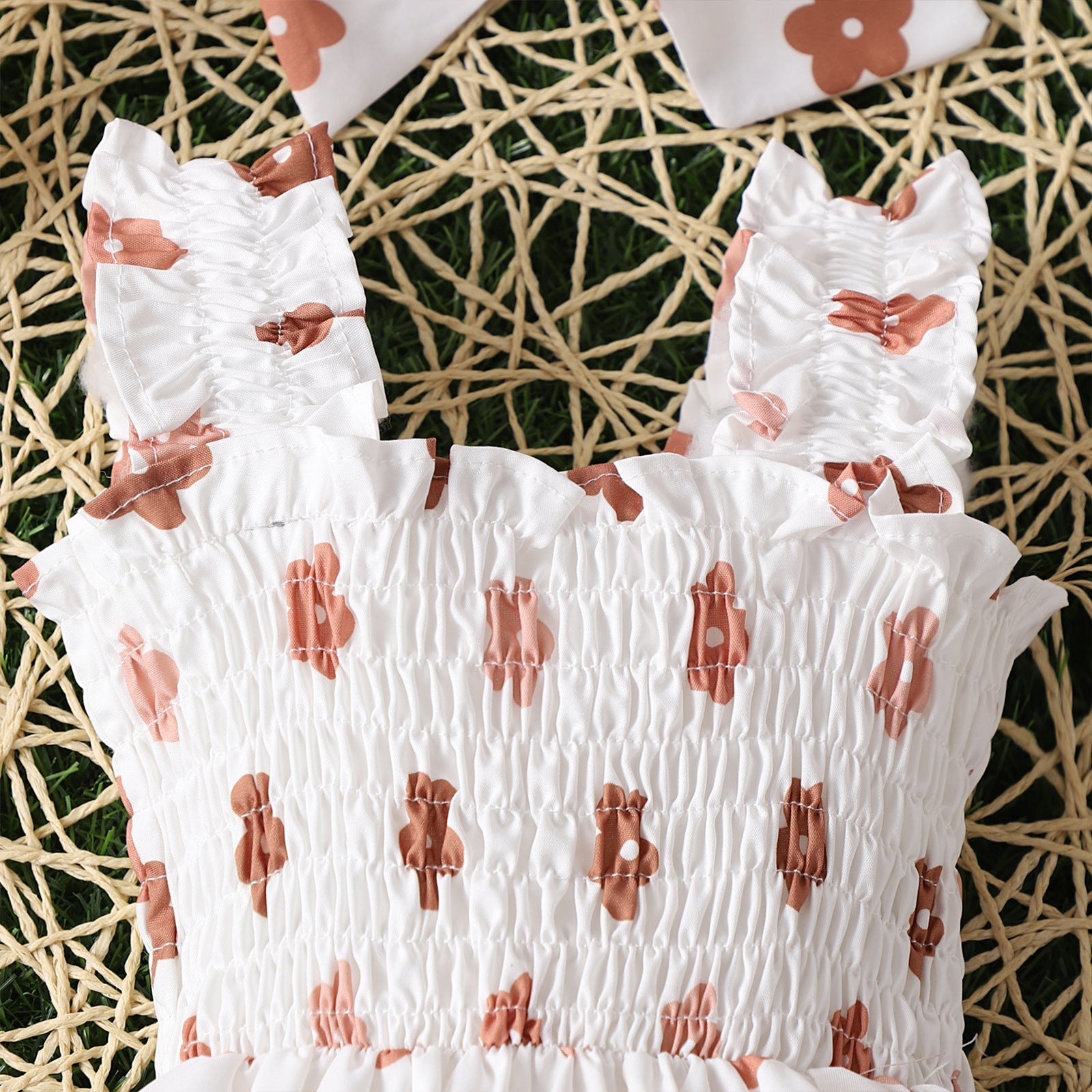 Infant Spaghetti Straps Sleeveless Little Cuihua Full Printed Triangle Rompers Headband Baby Girl - Spaghetti Straps