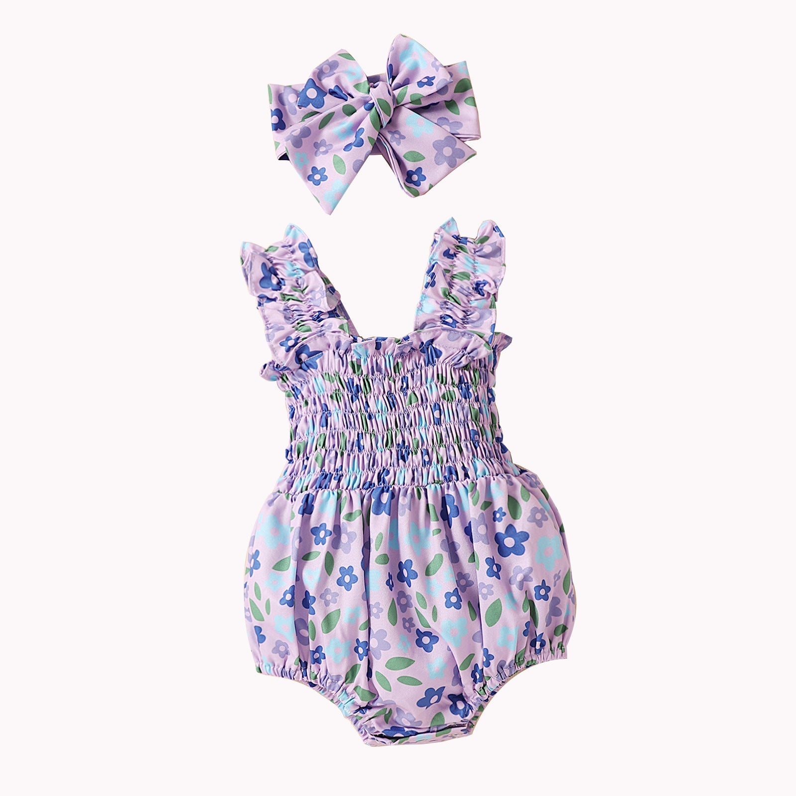 Infant Spaghetti Straps Sleeveless Little Cuihua Full Printed Triangle Rompers Headband Baby Girl - Spaghetti Straps