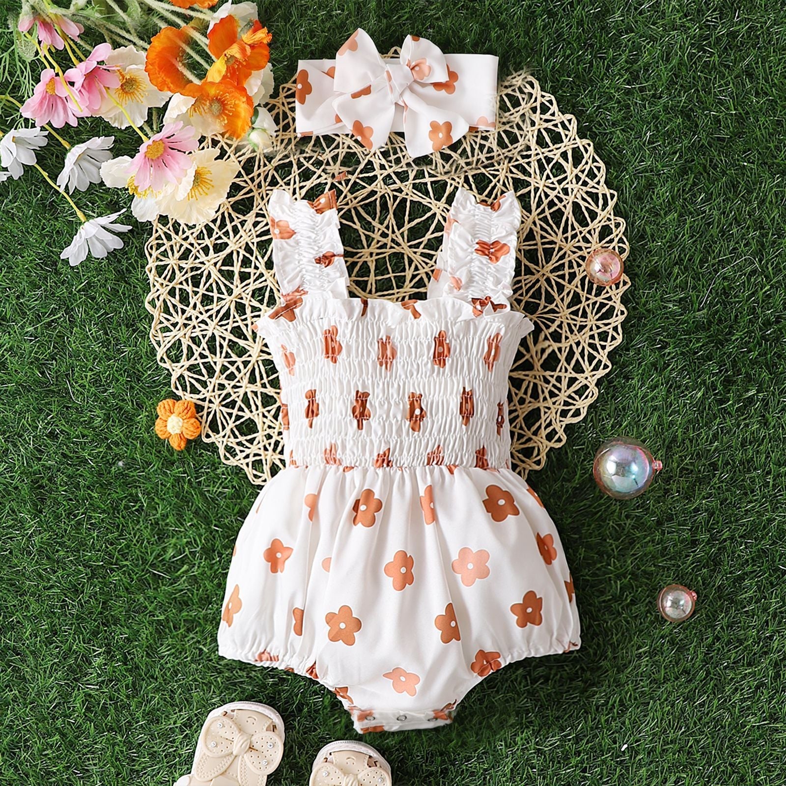 Infant Spaghetti Straps Sleeveless Little Cuihua Full Printed Triangle Rompers Headband Baby Girl - Spaghetti Straps