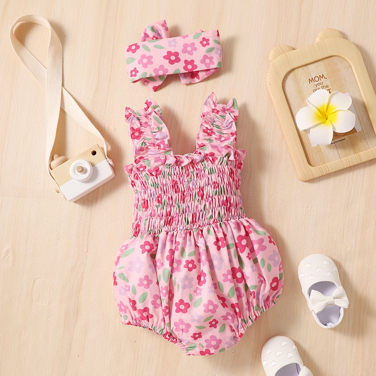 Infant Spaghetti Straps Sleeveless Little Cuihua Full Printed Triangle Rompers Headband Baby Girl - Spaghetti Straps