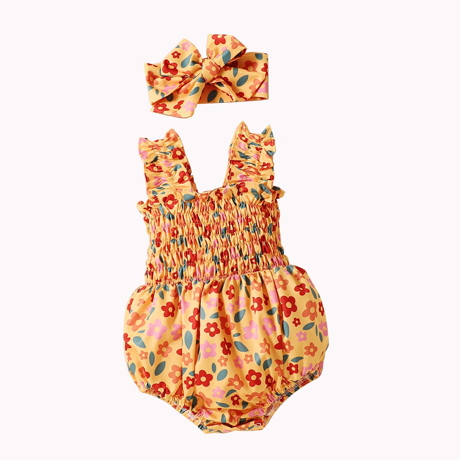 Infant Spaghetti Straps Sleeveless Little Cuihua Full Printed Triangle Rompers Headband Baby Girl - Spaghetti Straps