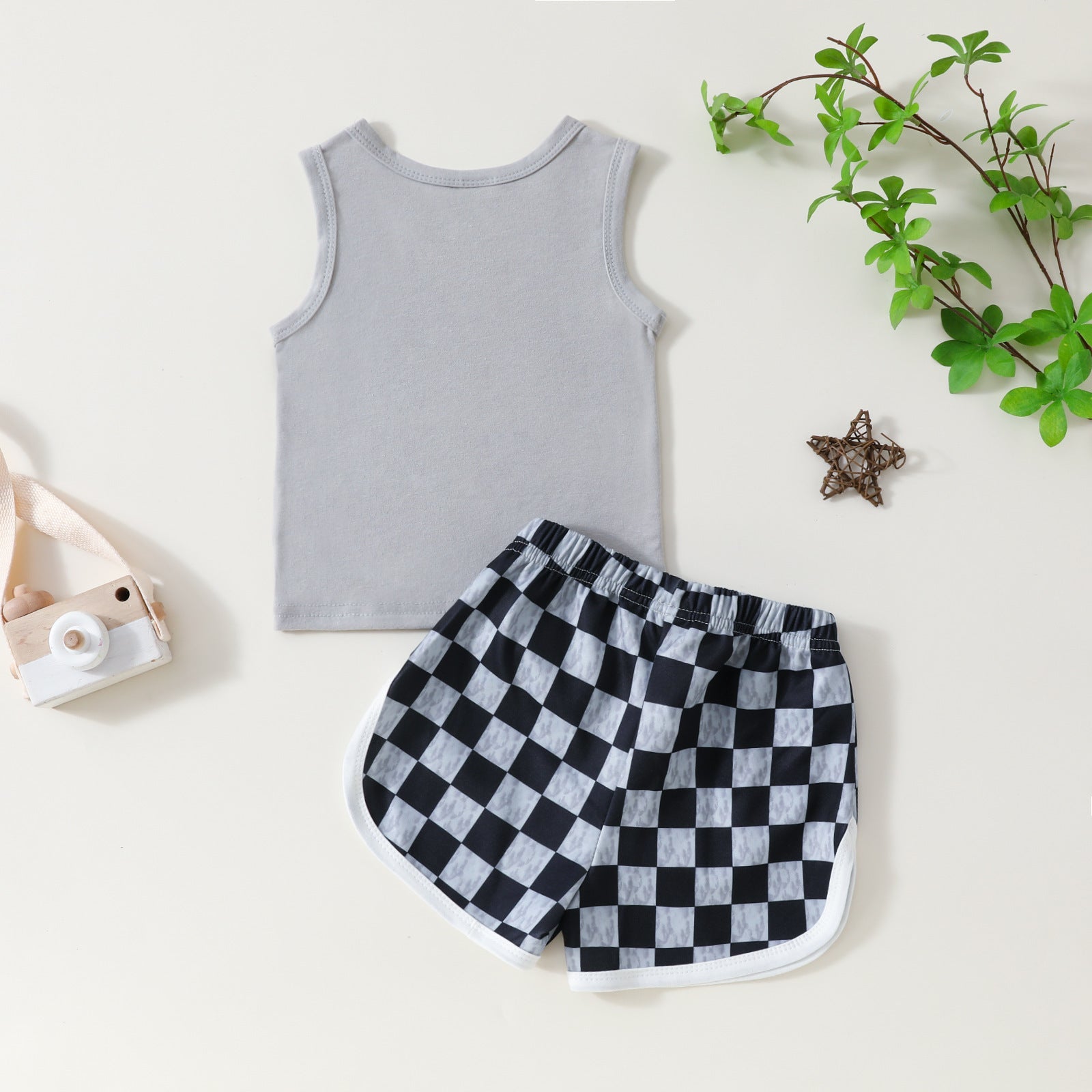 Infant Toddler Letter Printed Sleeveless Top Plaid Shorts Two-piece Set - Tiny Trendsetter in Plaid: Baby’s Chic Debut