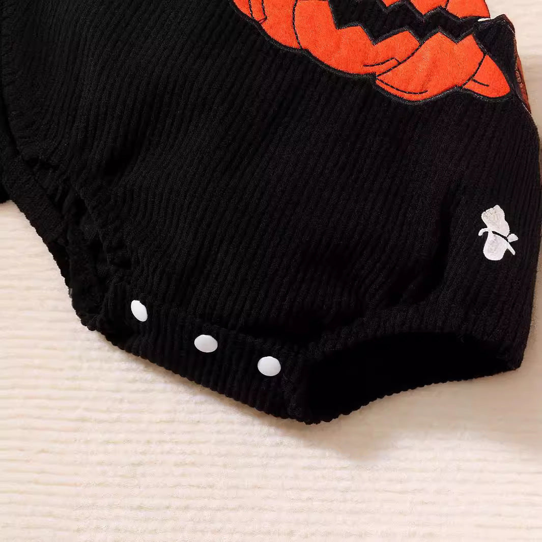 Infant Unisex Halloween Corduroy Towel Embroidery Pumpkin Sling Romper - Pumpkin Spice Romper for Tiny Fashionistas