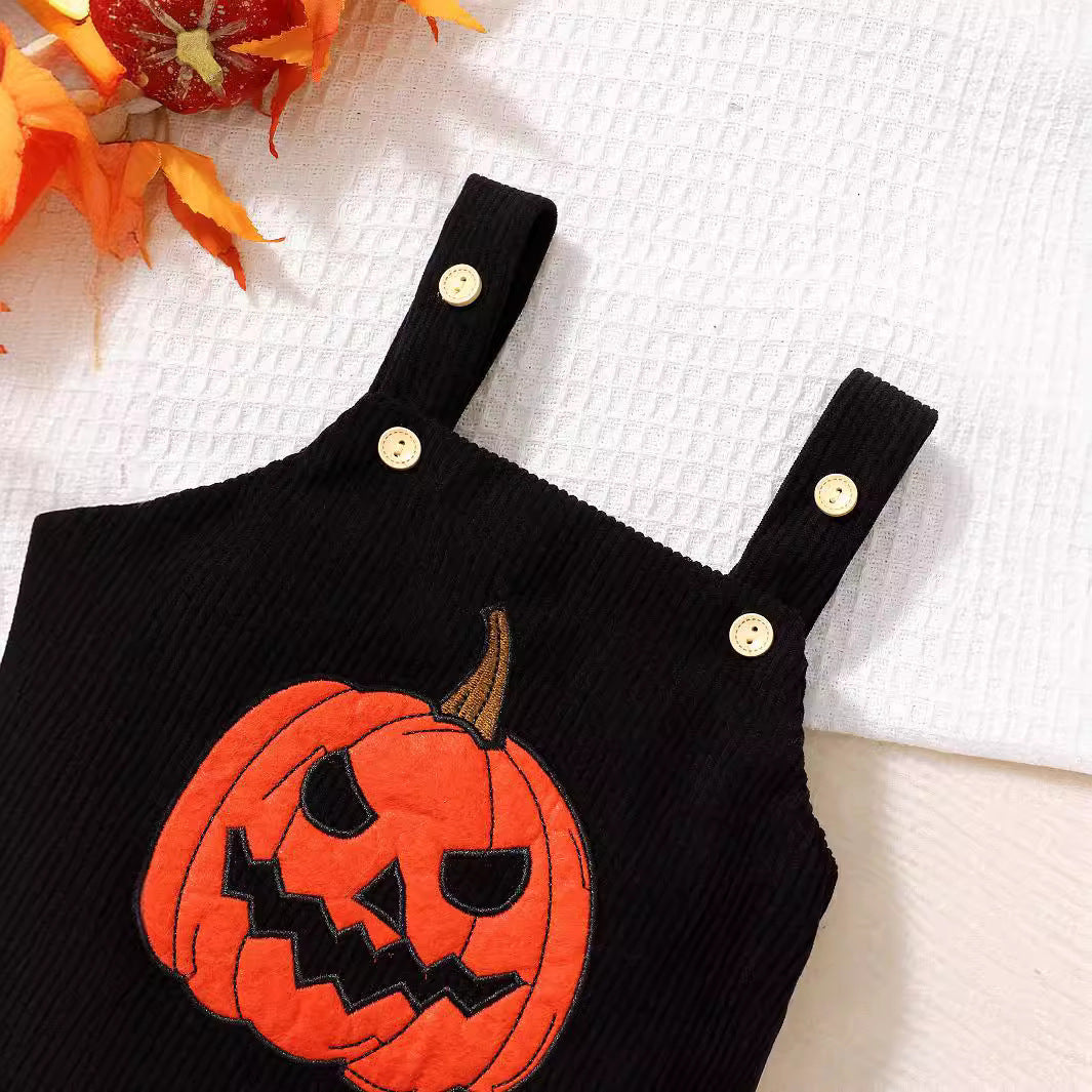 Infant Unisex Halloween Corduroy Towel Embroidery Pumpkin Sling Romper - Pumpkin Spice Romper for Tiny Fashionistas