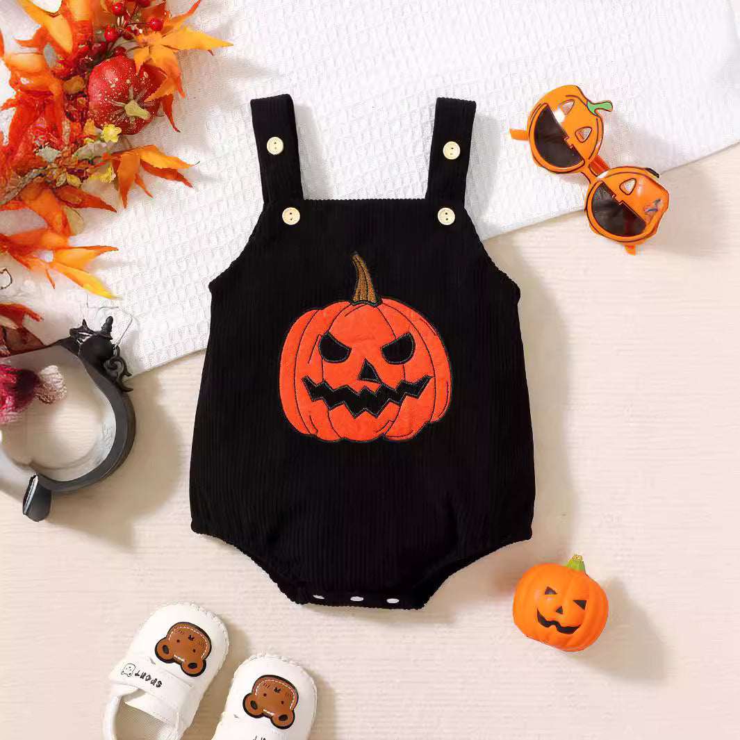 Infant Unisex Halloween Corduroy Towel Embroidery Pumpkin Sling Romper - Pumpkin Spice Romper for Tiny Fashionistas