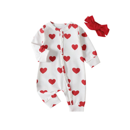 Infants And Toddlers One-piece Climbing Suit Valentine’s Day Love Printed Clothes Headband Two-piece Set - Infants