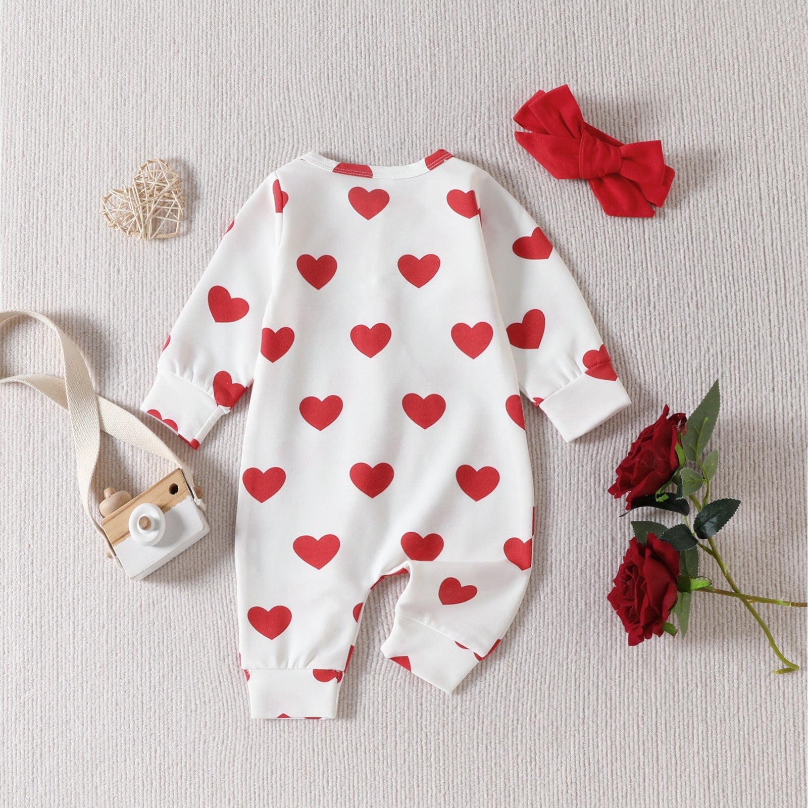 Infants And Toddlers One-piece Climbing Suit Valentine’s Day Love Printed Clothes Headband Two-piece Set - Infants