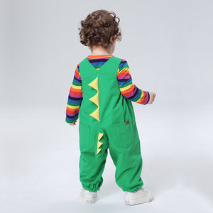 Infants Baby Striped T-shirt With Three-dimensional Green Dinosaur Suspender Pants Cute Playful Outwear - Dino-Mite