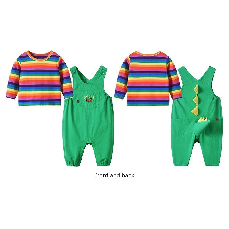 Infants Baby Striped T-shirt With Three-dimensional Green Dinosaur Suspender Pants Cute Playful Outwear - Dino-Mite