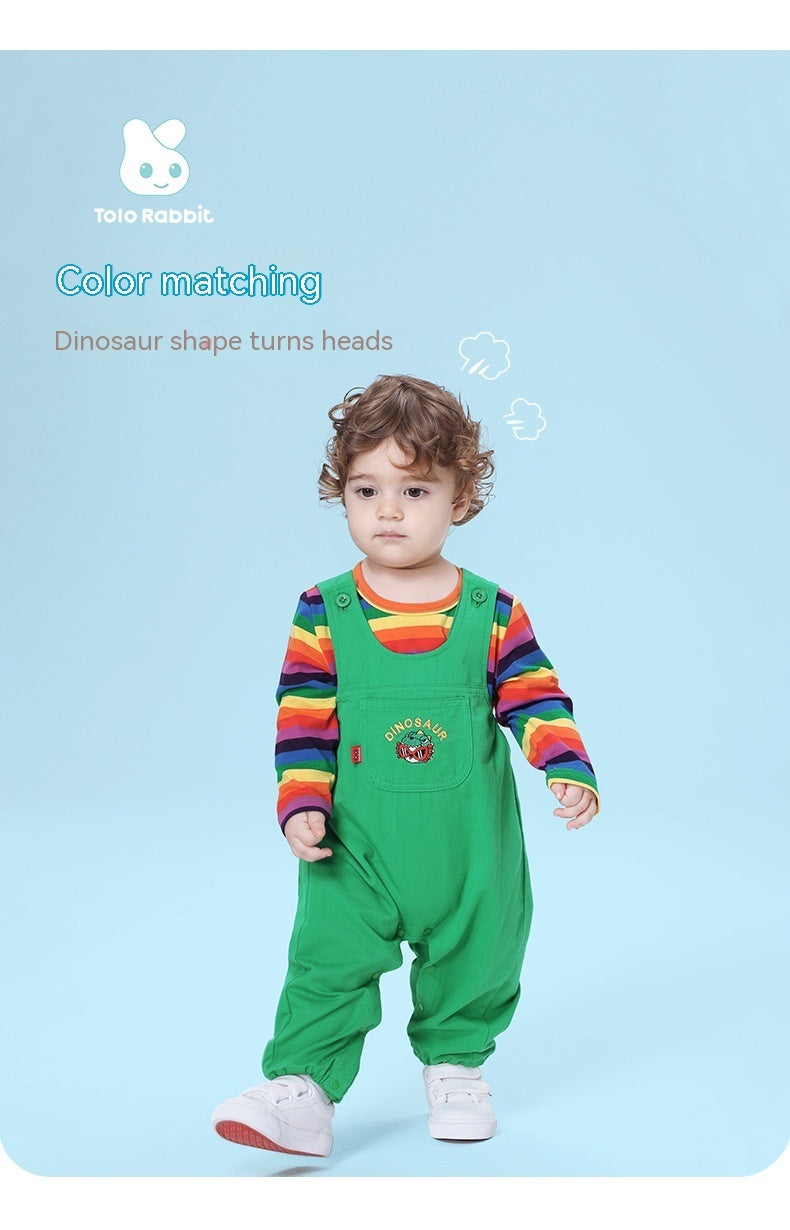 Infants Baby Striped T-shirt With Three-dimensional Green Dinosaur Suspender Pants Cute Playful Outwear - Dino-Mite