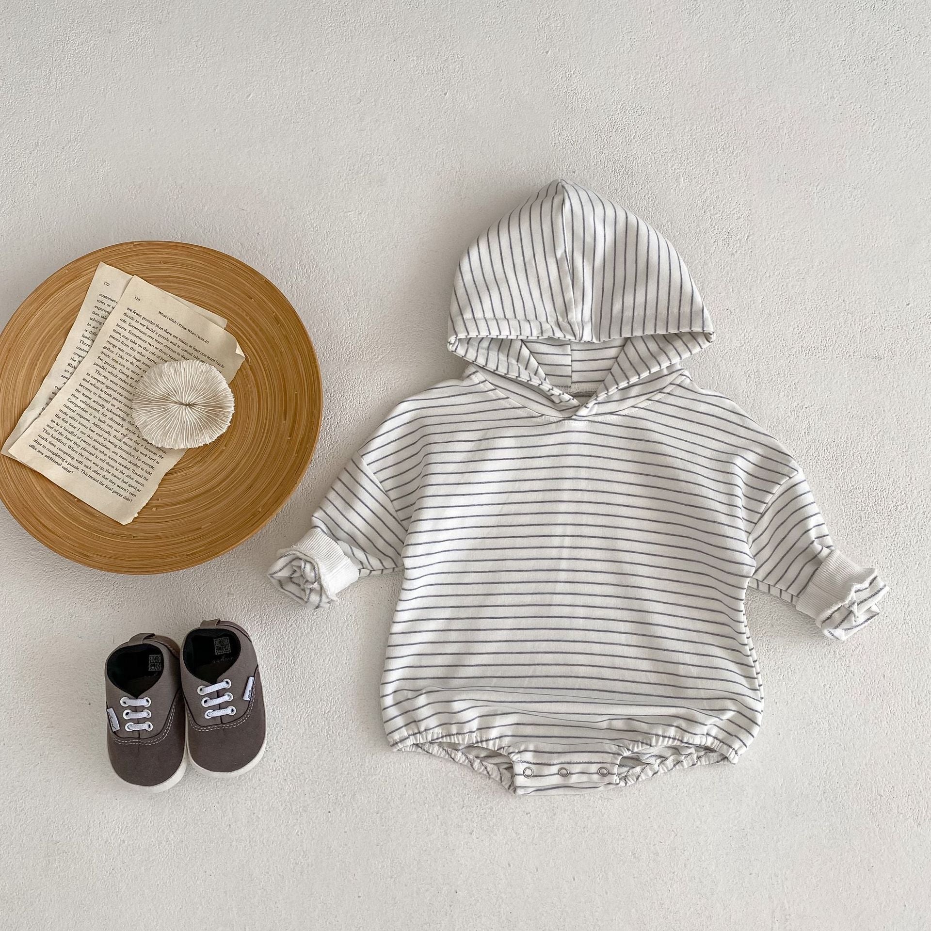 Infants Pinstripe Hooded Sweater Romper Jumpsuit - Stylish Baby Ninja in Pinstripes Romper Jumpsuit