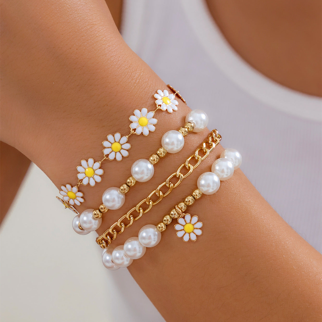 Ins Style Small Golden Beads Pearl Bracelet 4-piece Set - Ins Style Small Golden Beads Pearl Bracelet Set