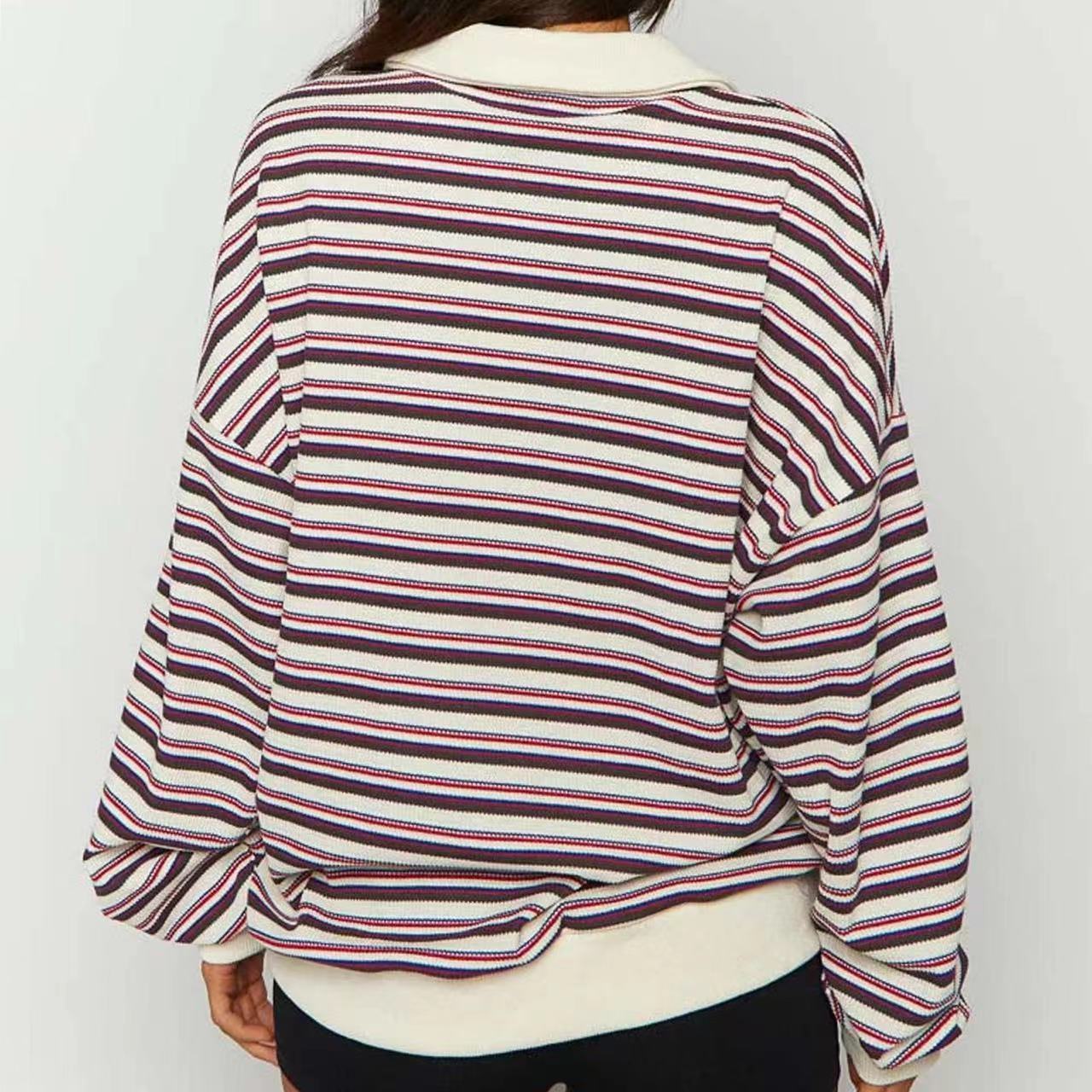 Japanese Korean Casual Cotton Striped Long Sleeve Loose Top for Women