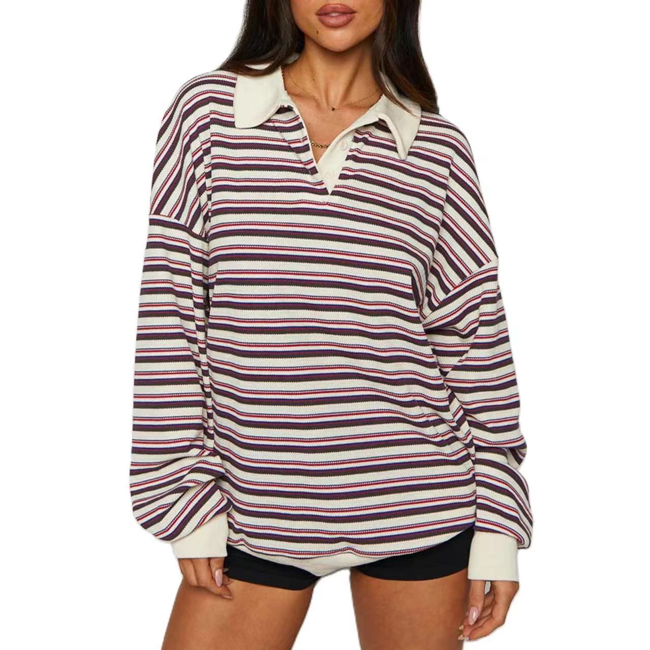 Japanese Korean Casual Cotton Striped Long Sleeve Loose Top for Women