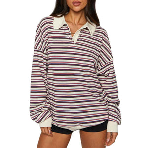 Japanese Korean Casual Cotton Striped Long Sleeve Loose Top for Women