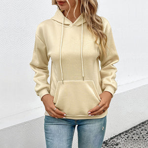 Beige hooded sweatshirt with pockets from Japanese Korean casual pullover polyester unisex collection