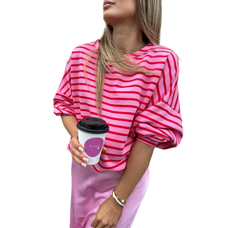 Japanese Korean Plaid Striped Cotton Pullover Sweatshirt Rose Red S-XL - Teleplus