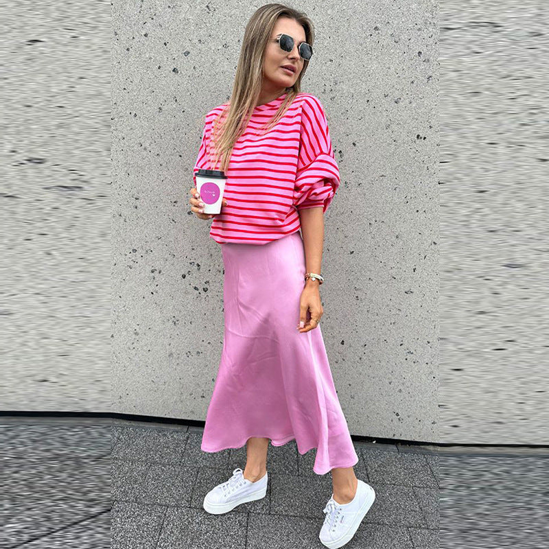 Japanese Korean Plaid Striped Cotton Pullover Sweatshirt Rose Red S-XL - Teleplus