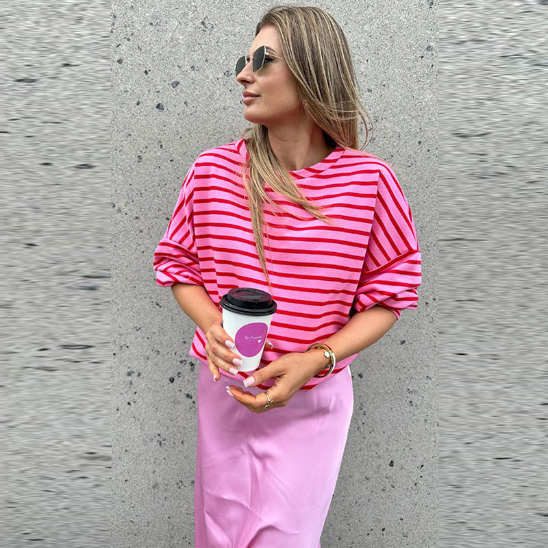 Japanese Korean Plaid Striped Cotton Pullover Sweatshirt Rose Red S-XL - Teleplus