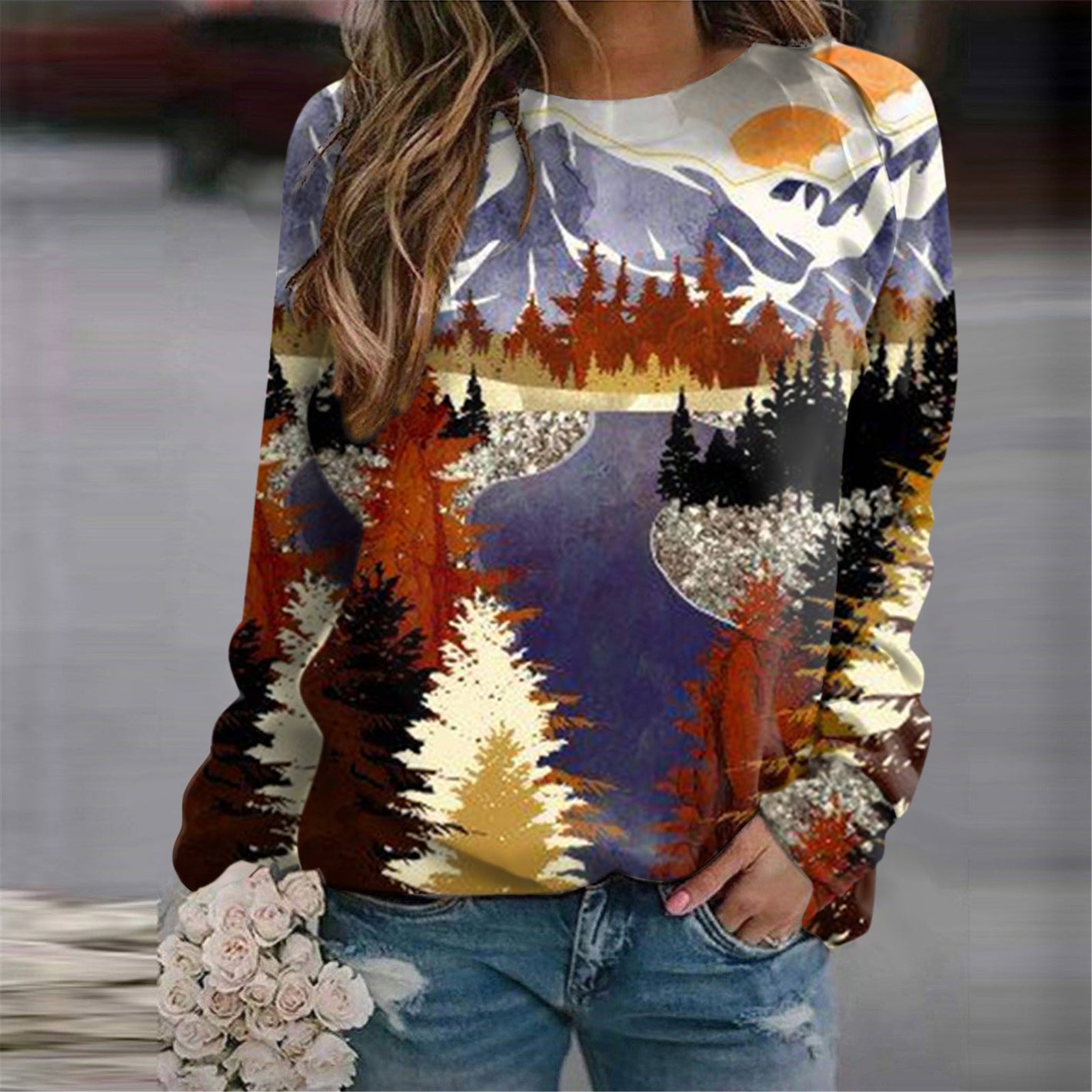 Long-sleeved sweatshirt with mountain and forest print for Japanese Korean style streetwear