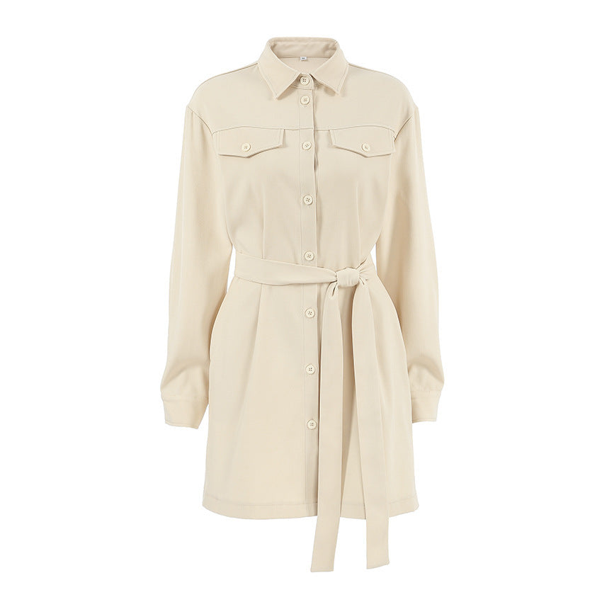 Khaki Long Sleeve Drop Shoulder Dress Polyester Casual Skirt for Women S-XL - Teleplus