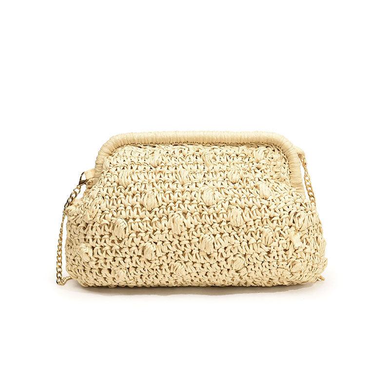 Khaki Milky White Soft Woven Bag with Internal Zipper and Single Shoulder Strap - Teleplus woven bag