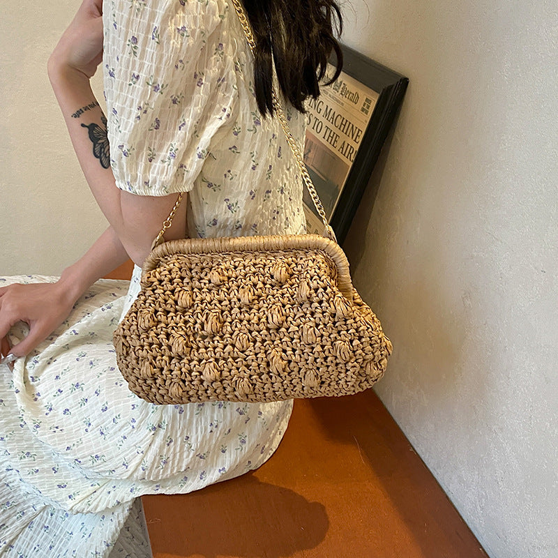 Khaki Milky White Soft Woven Bag with Internal Zipper and Single Shoulder Strap - Teleplus woven bag