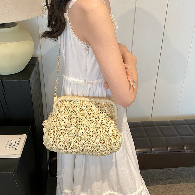 Khaki Milky White Soft Woven Bag with Internal Zipper and Single Shoulder Strap - Teleplus woven bag