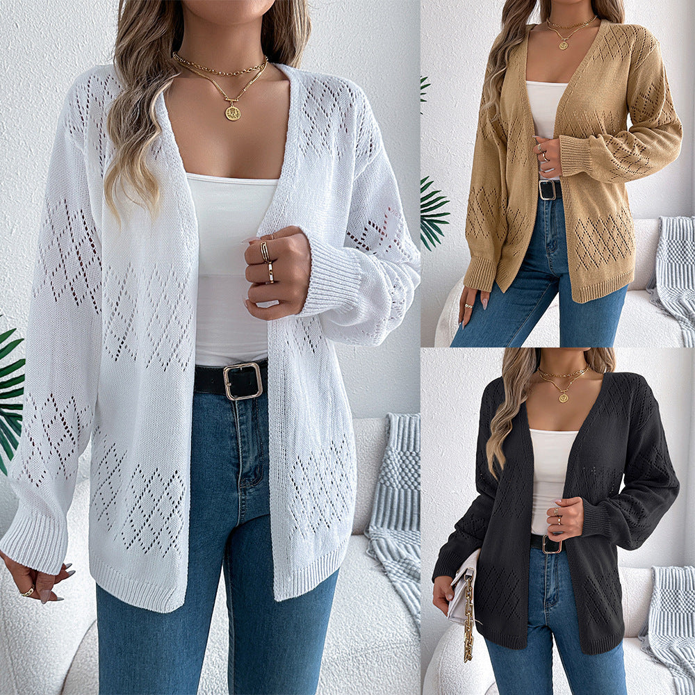 Khaki White Black Hollow Out Knit Cardigan Streetwear Hipster Sweater S-XL