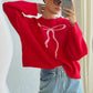 Korean Style Bow Pullover Sweater for Women Pink Red Apricot Jacquard - Teleplus
