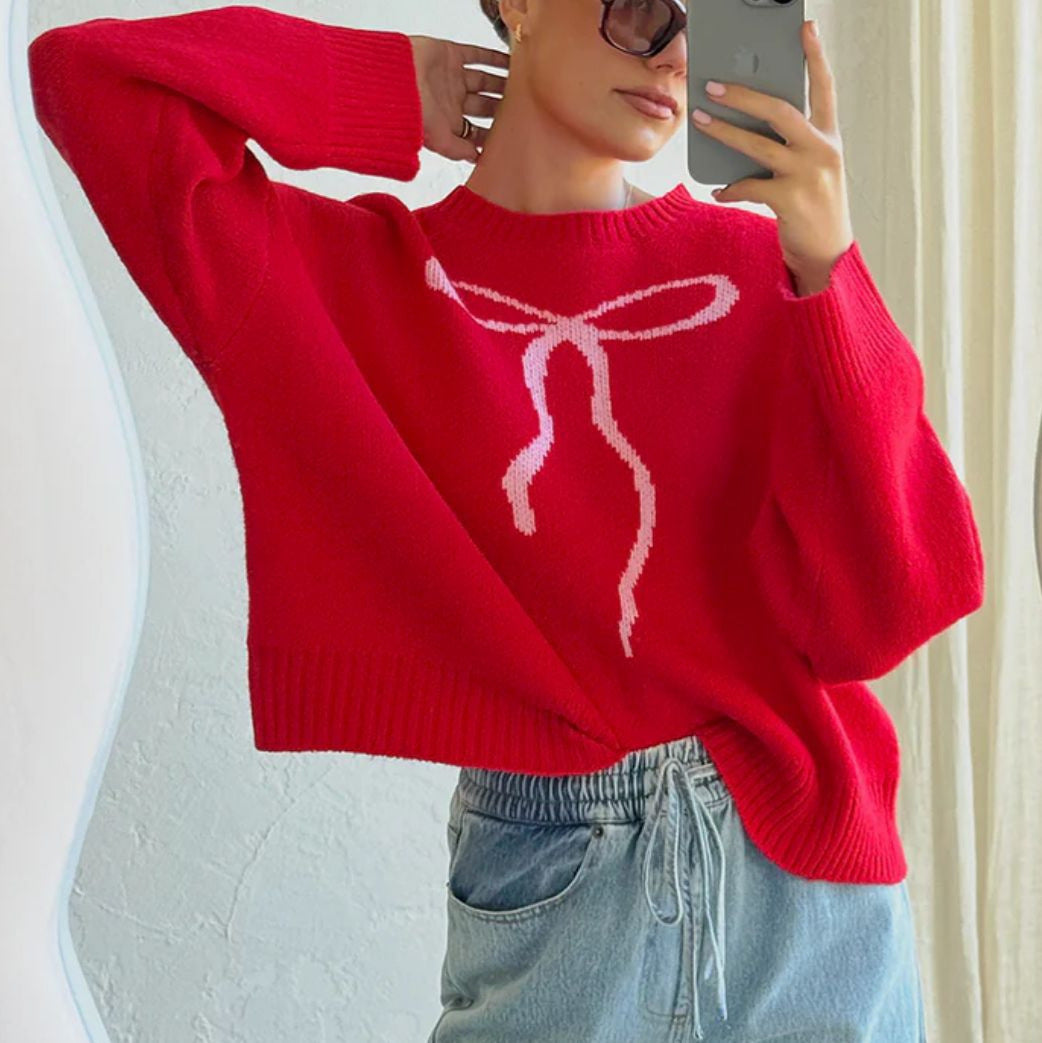 Korean Style Bow Pullover Sweater for Women Pink Red Apricot Jacquard - Teleplus