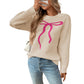 Korean Style Bow Pullover Sweater for Women Pink Red Apricot Jacquard - Teleplus