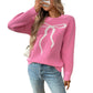 Korean Style Bow Pullover Sweater for Women Pink Red Apricot Jacquard - Teleplus