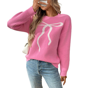 Korean Style Bow Pullover Sweater for Women Pink Red Apricot Jacquard - Teleplus