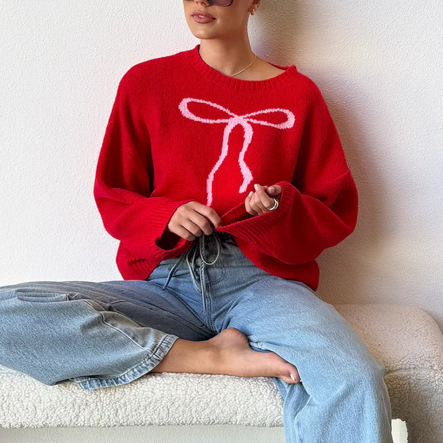 Korean Style Bow Pullover Sweater for Women Pink Red Apricot Jacquard - Teleplus