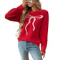 Korean Style Bow Pullover Sweater for Women Pink Red Apricot Jacquard - Teleplus