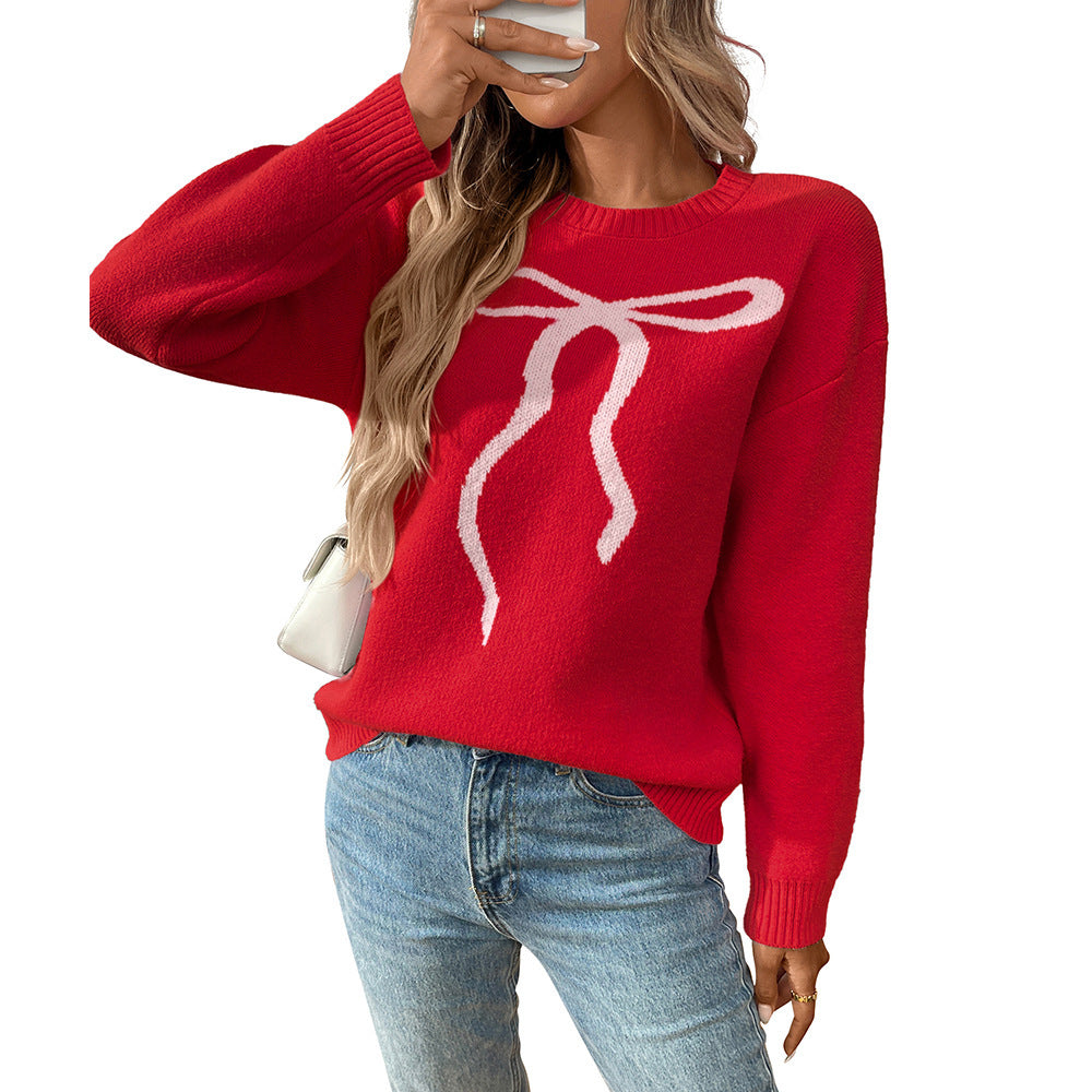 Korean Style Bow Pullover Sweater for Women Pink Red Apricot Jacquard - Teleplus