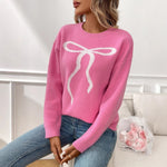 Korean Style Bow Pullover Sweater for Women Pink Red Apricot Jacquard - Teleplus