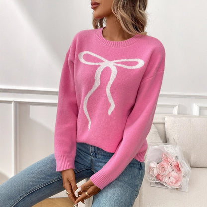 Korean Style Bow Pullover Sweater for Women Pink Red Apricot Jacquard - Teleplus