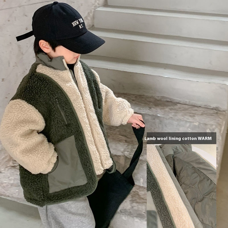 Korean Style Children Splicing Coat for Boys with Lambswool Furry Design - Teleplus lambswool splicing coat korean