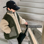 Korean Style Children Splicing Coat for Boys with Lambswool Furry Design - Teleplus lambswool splicing coat korean