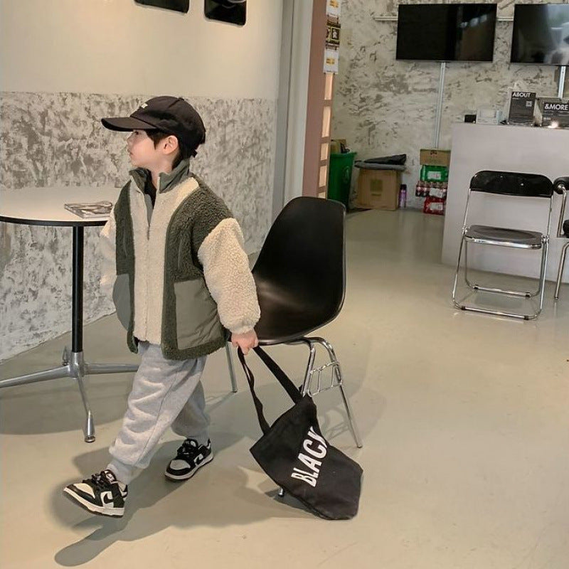 Korean Style Children Splicing Coat for Boys with Lambswool Furry Design - Teleplus lambswool splicing coat korean