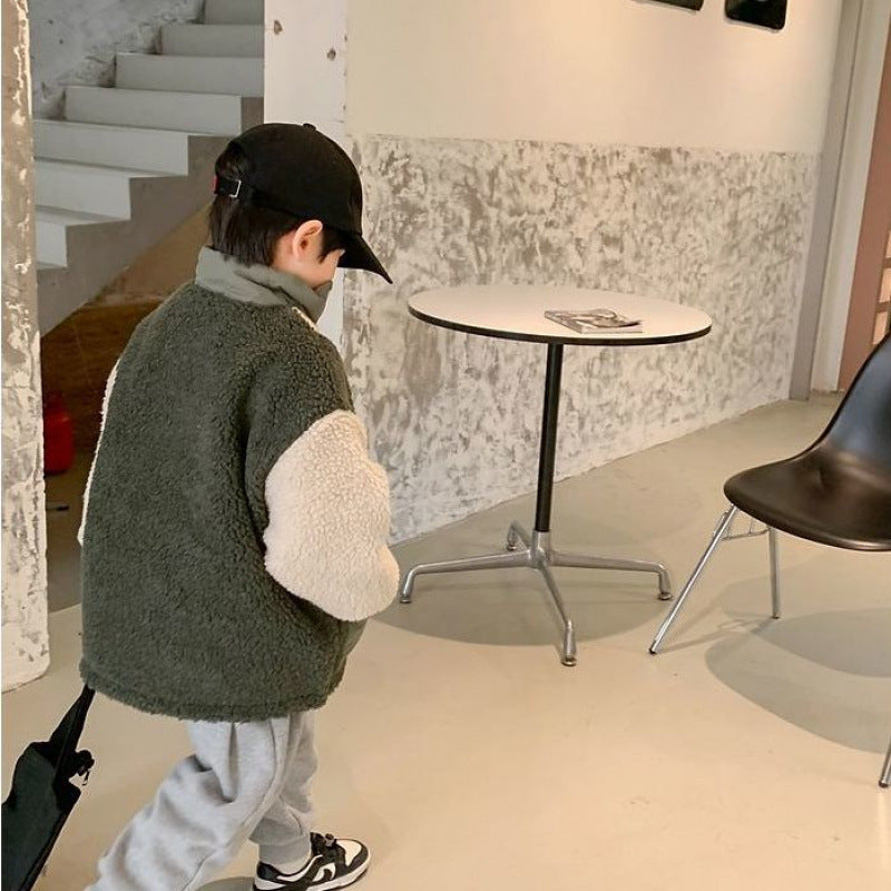 Korean Style Children Splicing Coat for Boys with Lambswool Furry Design - Teleplus lambswool splicing coat korean