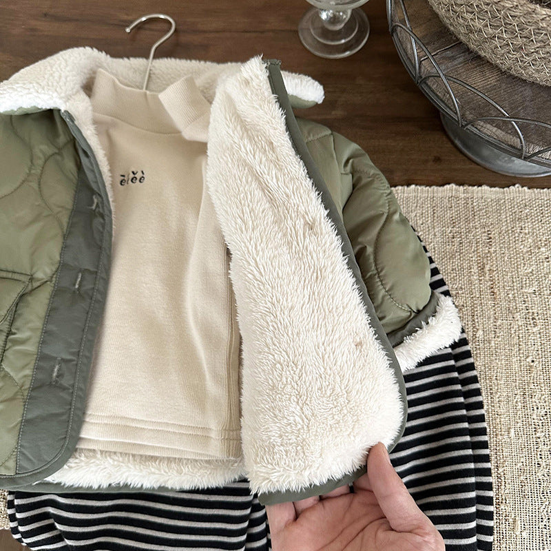 Korean Style Lamb Fur Collar Capillary Liner in Green and Khaki - korean style lamb fur collar