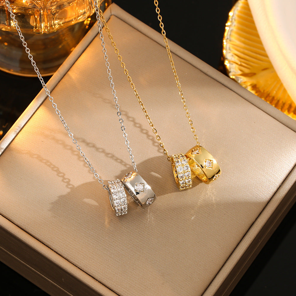 Korean Style Double Ring Necklace in Gold and Silver with Titanium Steel Chain for Women - united states chf korean