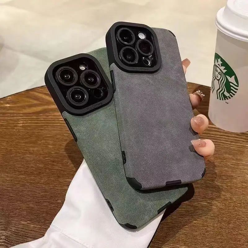 Korean Style Suede Phone Case with Cartoon and Plaid Designs in Multiple Colors - Drop-resistant korean style suede